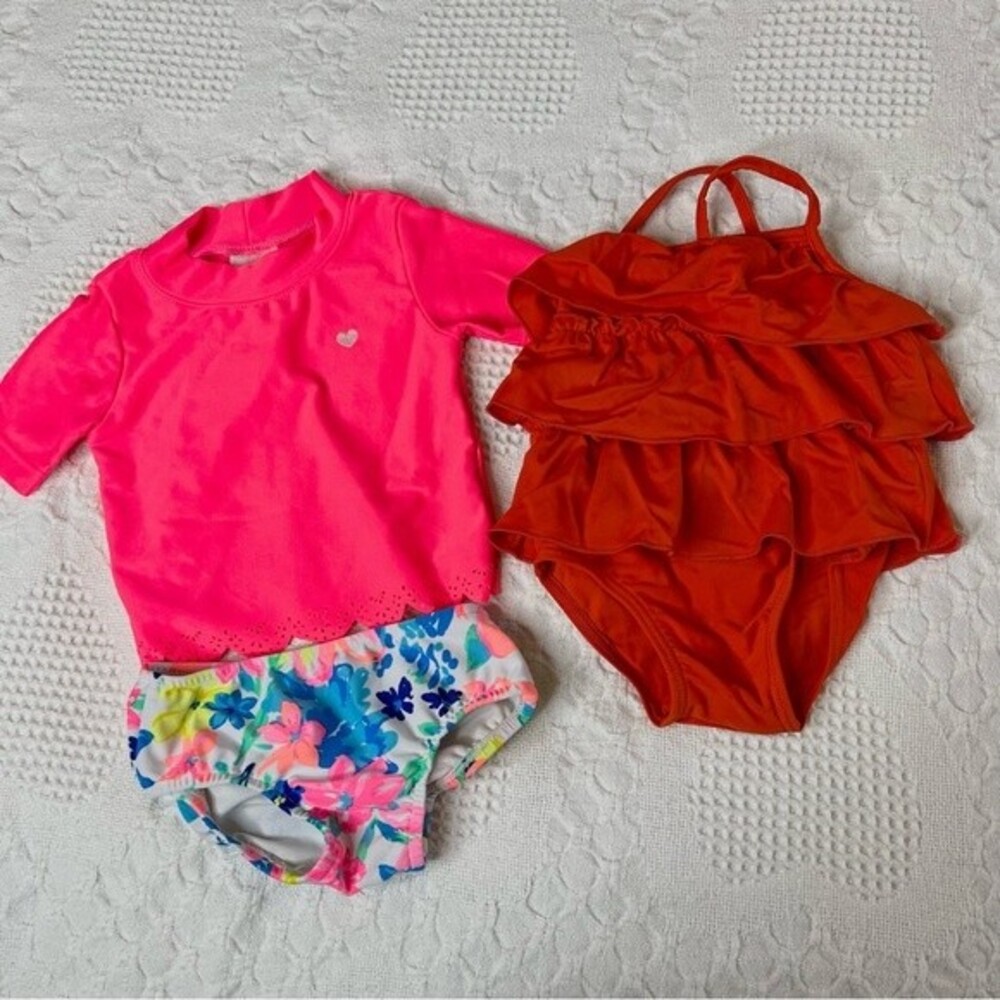 Carter’s Baby Girl Swim Bundle 6 Months Swimsuits Neon Floral Rust Ruffle Suit